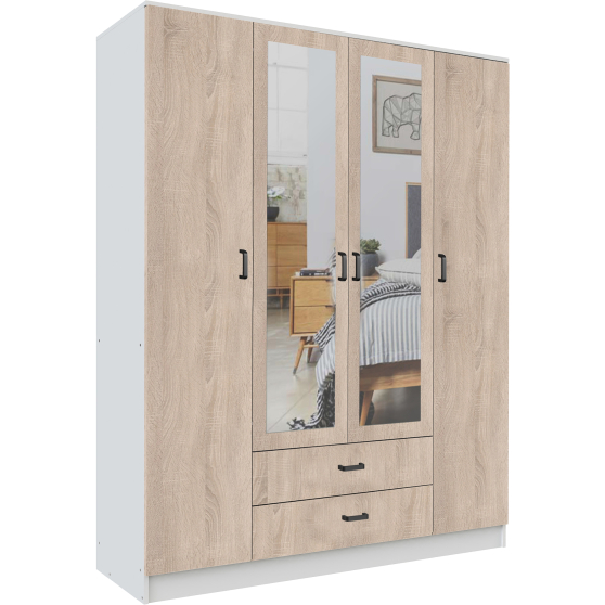 Szafa z lustrem 4-drzwiowa z szufladami KAMI Biały Mat / Dąb Sonoma KAMI Podstawowe