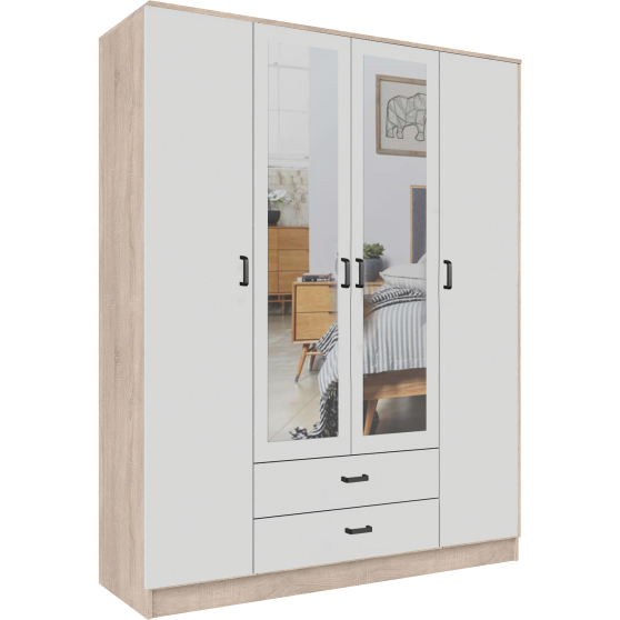 Szafa z lustrem 4-drzwiowa z szufladami KAMI Dąb Sonoma / Biały Mat KAMI Podstawowe