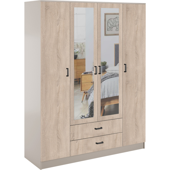 Szafa z lustrem 4-drzwiowa z szufladami KAMI Kaszmir Mat / Dąb Sonoma KAMI Podstawowe