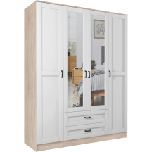 Szafa z lustrem 4-drzwiowa z szufladami KAMI RAMA Dąb Sonoma / Biały Mat KAMI Podstawowe