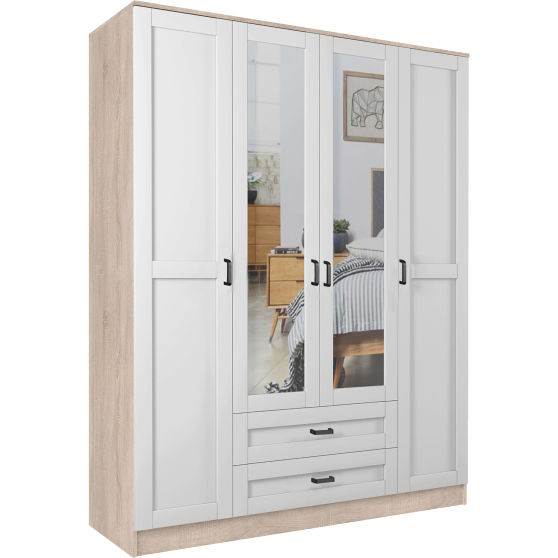 Szafa z lustrem 4-drzwiowa z szufladami KAMI RAMA Dąb Sonoma / Biały Mat KAMI Podstawowe