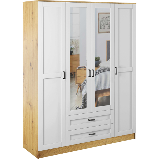 Szafa z lustrem 4-drzwiowa z szufladami KAMI RAMA Dąb Artisan / Biały Mat KAMI Podstawowe