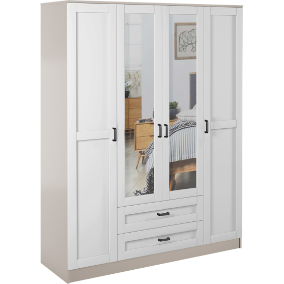 Szafa z lustrem 4-drzwiowa z szufladami KAMI RAMA Kaszmir Mat / Biały Mat KAMI Podstawowe