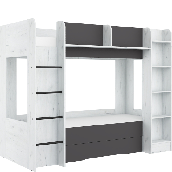 Łóżko piętrowe 80x200 z szufladą EVEREST Lewe Craft Biały / Grafit Podstawowe