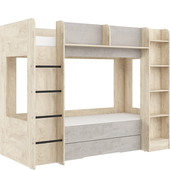 Łóżko piętrowe 80x200 z szufladą EVEREST Lewe Dąb Endgrain / Beton Szary Podstawowe