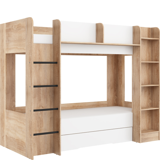 Łóżko piętrowe 80x200 z szufladą EVEREST Lewe Sonoma Jasna / Biały Mat Podstawowe