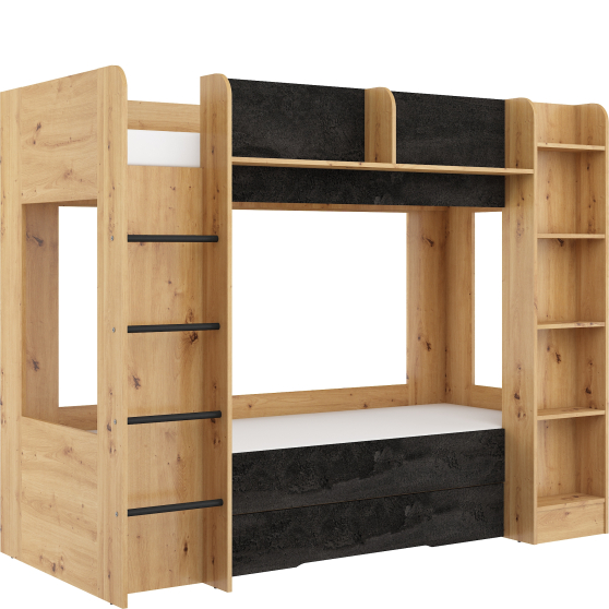Łóżko piętrowe 80x200 z szufladą EVEREST Lewe Dąb Artisan / Beton Czarny Podstawowe