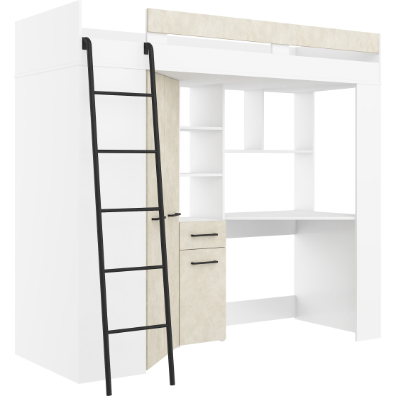 Łóżko piętrowe FLOOR L z biurkiem i szafą Biały Mat / Granada Migdał Podstawowe