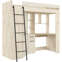 Łóżko piętrowe FLOOR L z biurkiem i szafą Dąb Endgrain / Granada Migdał Podstawowe