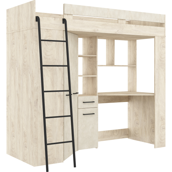 Łóżko piętrowe FLOOR L z biurkiem i szafą Dąb Endgrain / Granada Migdał Podstawowe