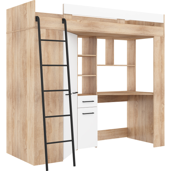 Łóżko piętrowe FLOOR L z biurkiem i szafą Sonoma Jasna / Biały Mat Podstawowe