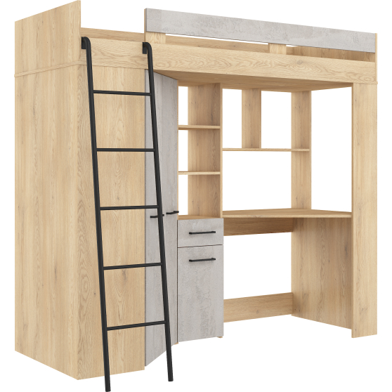 Łóżko piętrowe FLOOR L z biurkiem i szafą Dąb Cremona / Beton Szary Podstawowe