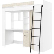 Łóżko piętrowe FLOOR P z biurkiem i szafą Biały Mat / Granada Migdał Podstawowe