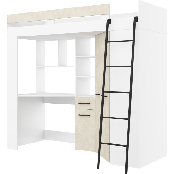 Łóżko piętrowe FLOOR P z biurkiem i szafą Biały Mat / Granada Migdał Podstawowe