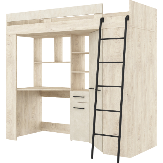 Łóżko piętrowe FLOOR P z biurkiem i szafą Dąb Endgrain / Granada Migdał Podstawowe