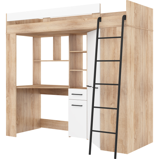 Łóżko piętrowe FLOOR P z biurkiem i szafą Sonoma Jasna / Biały Mat Podstawowe