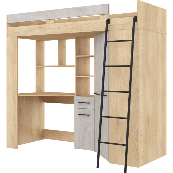 Łóżko piętrowe FLOOR P z biurkiem i szafą Dąb Cremona / Beton Szary Podstawowe