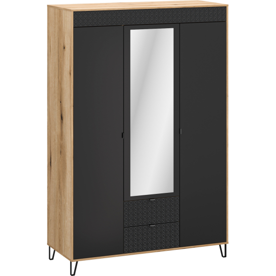 Trzydrzwiowa szafa z lustrem i szufladami Dąb Evok / Czarny BELLANO Podstawowe