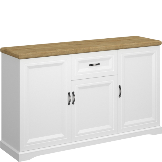 Biała komoda trzydrzwiowa z szufladą blat Dąb Harbor RIVA Podstawowe