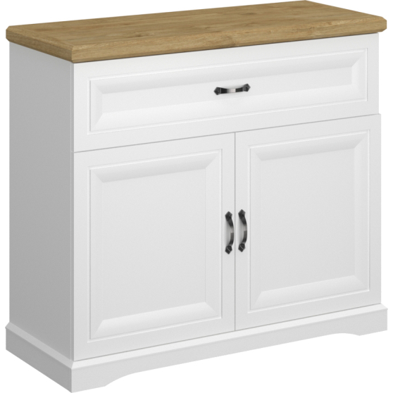 Biała komoda dwudrzwiowa z szufladą blat Dąb Harbor RIVA Podstawowe