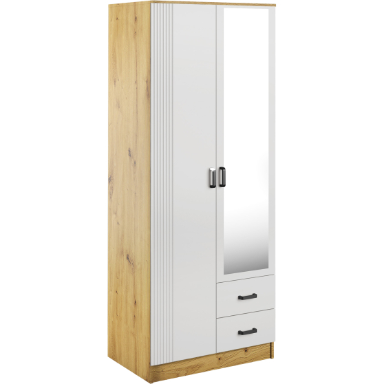 Szafa z lustrem dwudrzwiowa z ryflowanym frontem KAMI Dąb Artisan / Biały KAMI Podstawowe