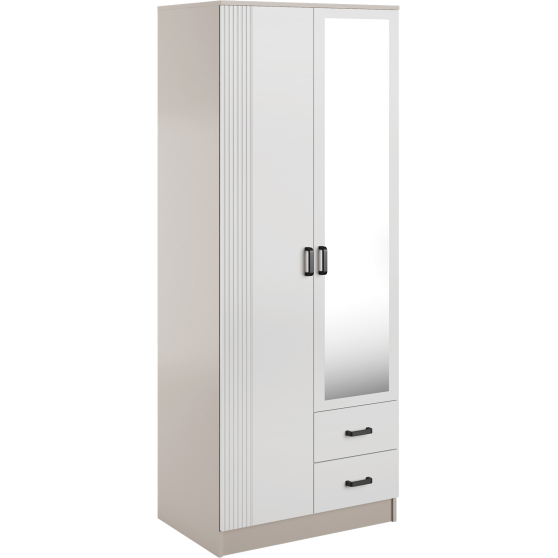 Szafa z lustrem dwudrzwiowa z ryflowanym frontem KAMI Kaszmir Mat / Biały Mat KAMI Podstawowe