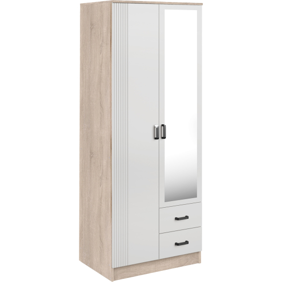Szafa z lustrem dwudrzwiowa z ryflowanym frontem KAMI Dąb Sonoma / Biały Mat KAMI Podstawowe