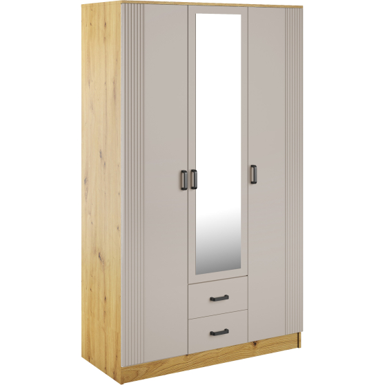 Szafa z lustrem trzydrzwiowa z ryflowanym frontem KAMI Dąb Artisan / Kaszmir Mat KAMI Podstawowe