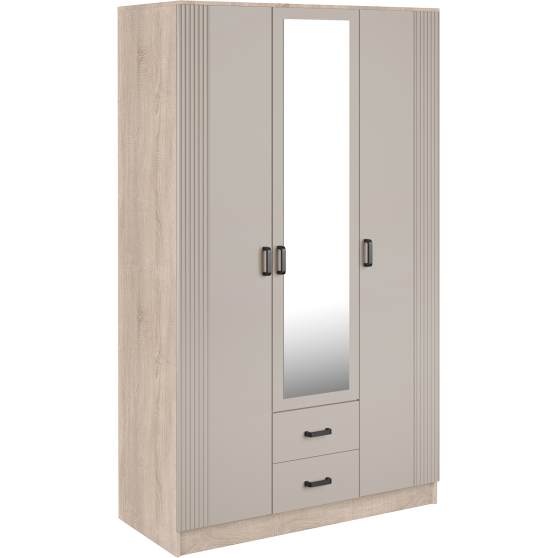 Szafa z lustrem trzydrzwiowa z ryflowanym frontem KAMI Dąb Sonoma / Kaszmir Mat KAMI Podstawowe