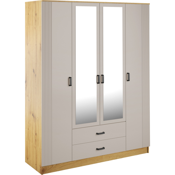 Szafa z lustrem 4-drzwiowa z ryflowanym frontem KAMI Dąb Artisan / Kaszmir Mat KAMI Podstawowe