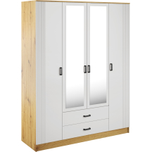 Szafa z lustrem 4-drzwiowa z ryflowanym frontem KAMI Dąb Artisan / Biały KAMI Podstawowe