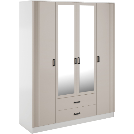 Szafa z lustrem 4-drzwiowa z ryflowanym frontem KAMI Biały Mat / Kaszmir Mat KAMI Podstawowe