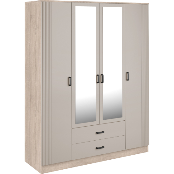 Szafa z lustrem 4-drzwiowa z ryflowanym frontem KAMI Dąb Sonoma / Kaszmir Mat KAMI Podstawowe