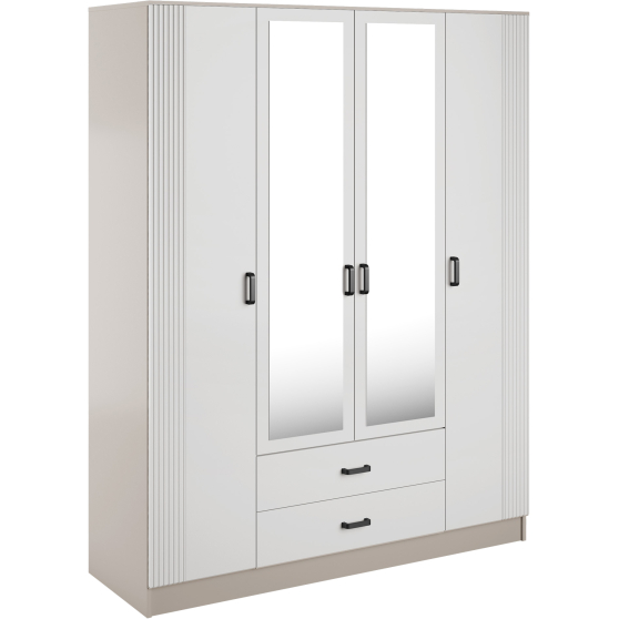 Szafa z lustrem 4-drzwiowa z ryflowanym frontem KAMI Kaszmir Mat / Biały Mat KAMI Podstawowe