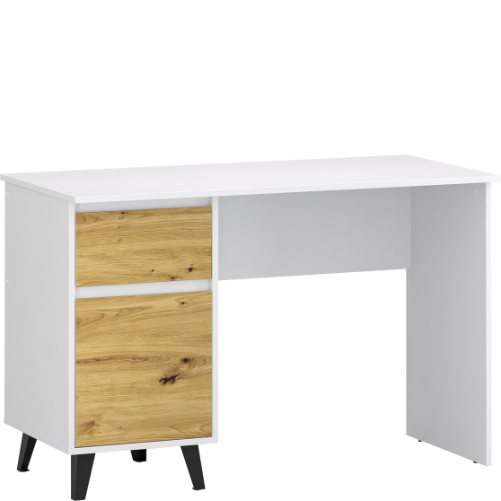 Biurko 120 cm z szufladą i drzwiami BORG Biały Mat / Dąb Artisan BORG Podstawowe