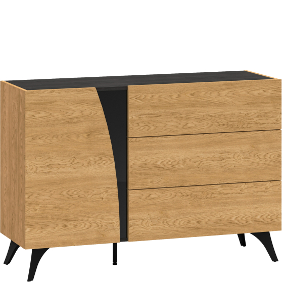 Komoda z cichym domykiem 1-drzwiowa 3 szuflady Dąb Baltic / Czarny TOSCANIA Podstawowe