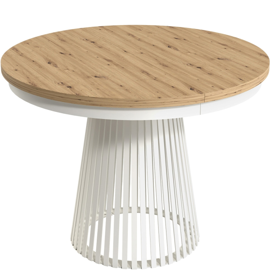 Stół rozkładany do jadalni GARDA okrągły, podstawa biała blat Dąb Artisan Podstawowe