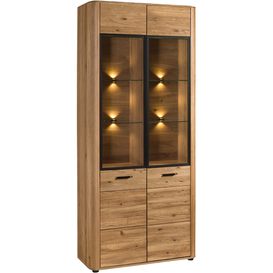 Wysoka witryna dębowa z oświetleniem MONA.035.014 Dąb Miodowy MONACO Podstawowe