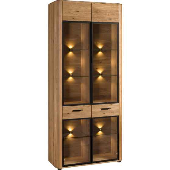 Witryna dębowa przeszklona z oświetleniem MONA.080.14 Dąb Miodowy MONACO Podstawowe