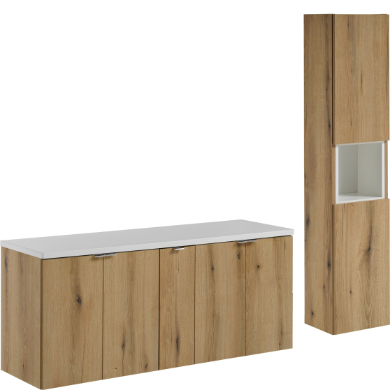 Zestaw mebli łazienkowych 120 cm Komplet wiszący z dwoma umywalkami i białym blatem NOVA OAK Podstawowe