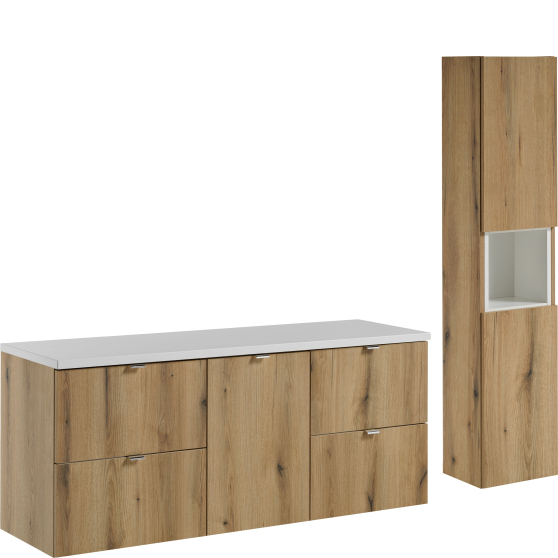 Zestaw mebli łazienkowych z szafką pod umywalkę 140 cm blat biały NOVA OAK Podstawowe