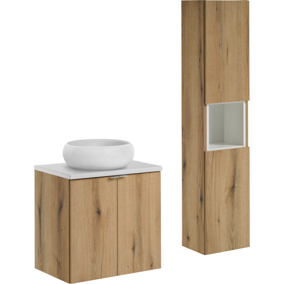 Zestaw mebli do łazienki 140 cm słupek szafka z szufladami i białym blatem NOVA OAK Podstawowe