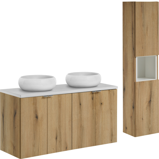 Nowoczesne meble łazienkowe zestaw z umywalką 120 cm i białym blatem NOVA OAK Podstawowe