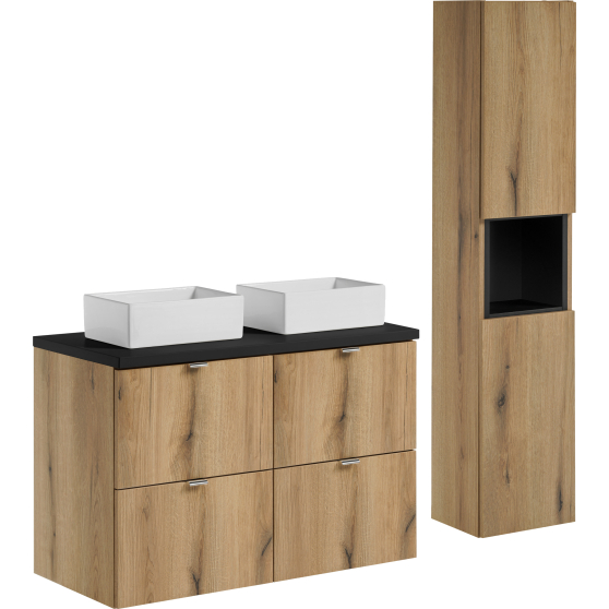 Zestaw łazienkowy szafka 100 cm z blatem, dwie umywalki, słupek NOVA OAK Podstawowe