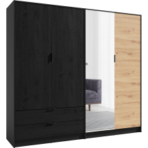 Szafa 4-drzwiowa ULM 220 cm z lustrem Czarny Grafit / Dąb Artisan Podstawowe