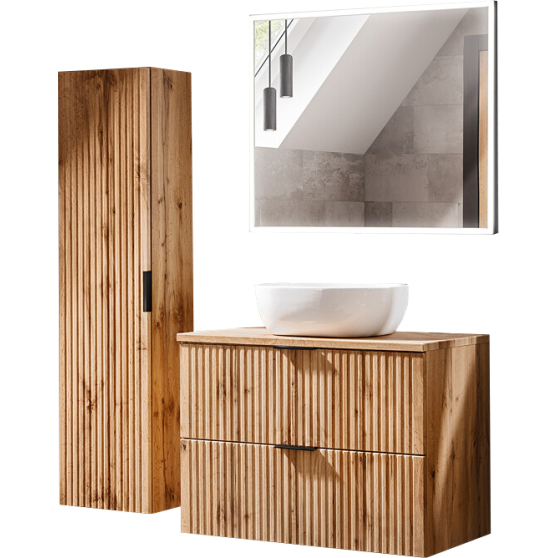 Meble łazienkowe z umywalką nablatową szafką wysoką i lustrem 80 cm ADEL OAK Podstawowe