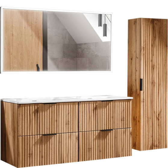 Zestaw mebli do łazienki 120 cm z umywalką szafką wysoką i lustrem led ADEL OAK Podstawowe
