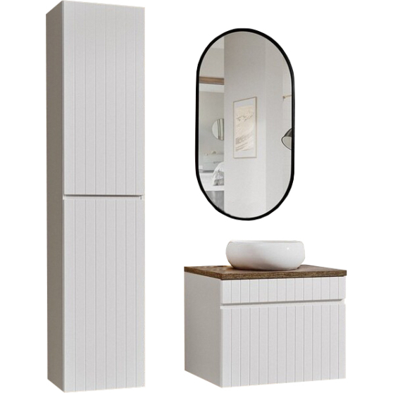 Zestaw mebli do łazienki 60 cm z blatem umywalką nablatową szafką wysoką i lustrem led ICONIC WHITE Podstawowe