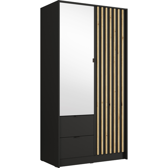 Szafa 2-drzwiowa z lustrem i szufladami 100 cm Czarny Onyx / Dąb Artisan KATANIA Podstawowe