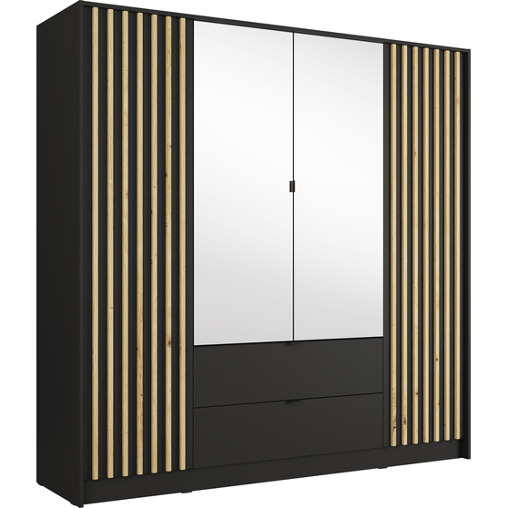 Szafa 4-drzwiowa z lustrem i szufladami 200 cm Czarny Onyx / Dąb Artisan KATANIA Podstawowe